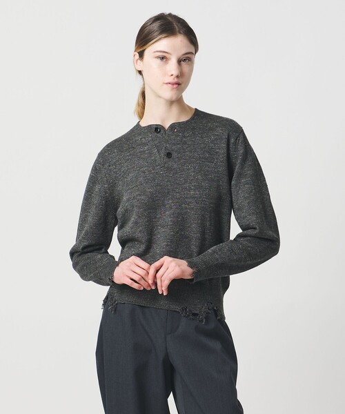 ニット セーター 「LOEFF」ダメージ ヘンリーネック ニット UNISEX レディース メンズの画像