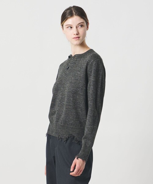 ニット セーター 「LOEFF」ダメージ ヘンリーネック ニット UNISEX レディース メンズの画像
