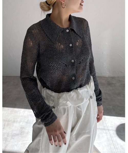 「leimn」 ニットカーディガン M ブラック×ホワイト レディース_画像4