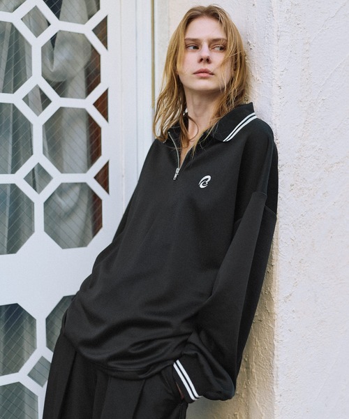 GW期間限定値下げ！ XANDER ZHOU ブラック ハーフジップ ポロシャツ ROCHEM（ローシェン） ポロシャツ ワンポイントロゴ刺繍ドローコード付