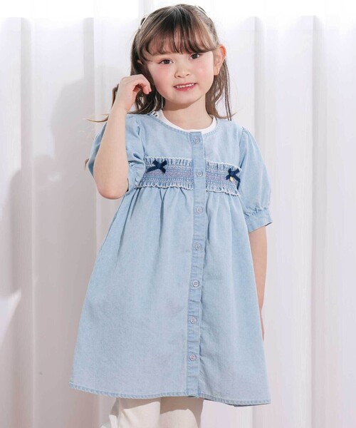 デニム 七分袖 ワンピース 100cm SLAP SLIP（スラップスリップ） ワンピース スモッキング刺しゅう7分袖