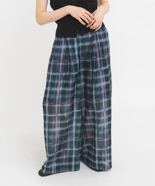 パンツ シアーチェックWIDEパンツ レディースの画像
