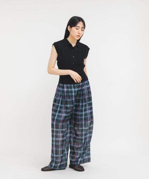 パンツ シアーチェックWIDEパンツ レディースの画像