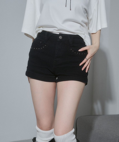 【yumi様】loin.新品cottonsweatpant ショートパンツ(黒) ENVYM（アンビー） パンツ スタッズコンパクトショートパンツ