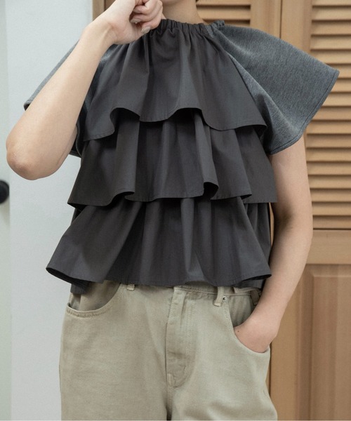 lawgy（ラウジー） ブラウス シャツ 半袖 mixed material tiered