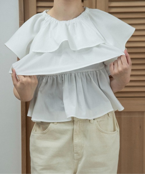 lawgy ミックスマテリアルティアードラッフルトップス lawgy（ラウジー） ブラウス シャツ 半袖 mixed material tiered