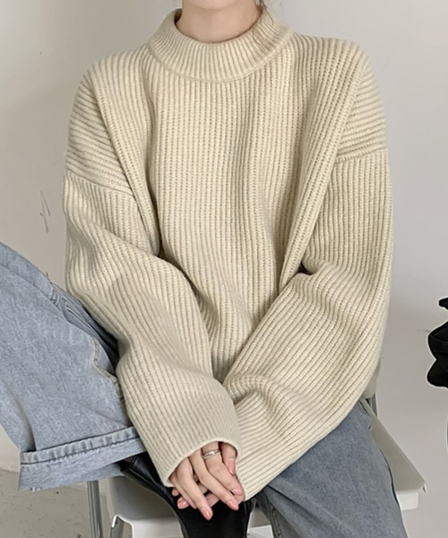 19fw BATONER ピンクベージュ リブクルーネックセーター　サイズ1 セール】 【ウォッシャブル】ケーブルクルーネックニット