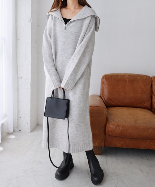 andme ワンピース セーラーカラー長袖ハーフジップニット