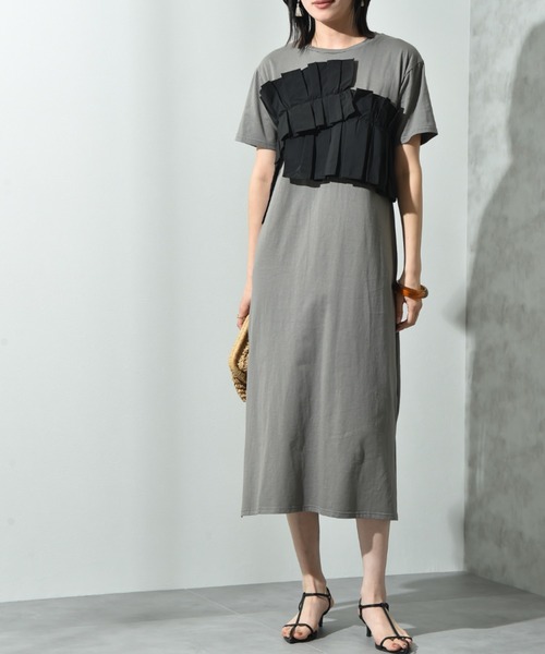 INTERPLANET ワンピース 異素材プリーツデザインカットワンピース