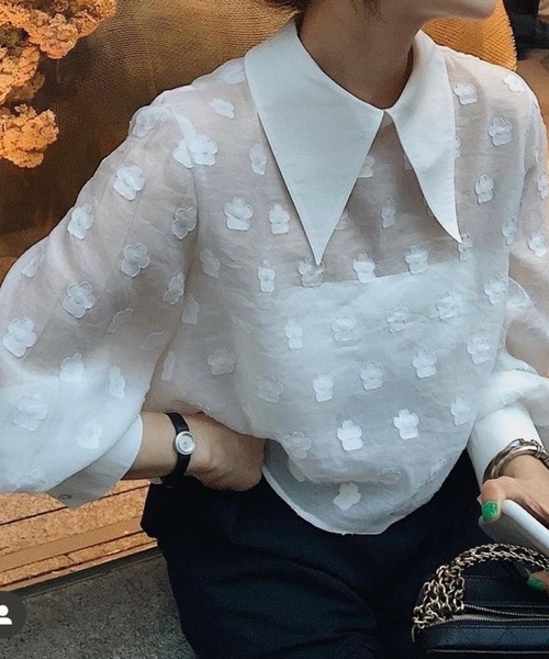 ブラウス シャツ 花柄シアートップス レディース Cham. ブラウス シャツ 花柄切り替えシアートップス レディース