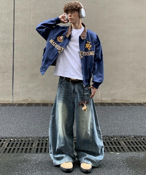 新品ワイドレッグデニムパンツ バギーパンツストリートファッション ジーンズ オーバーダイZIPカーゴワイドバギーデニムパンツ