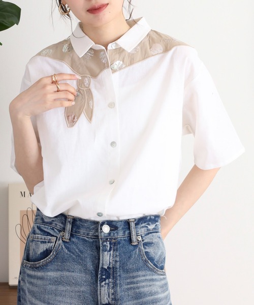 ブラウス シャツ EMAGO ドットプリント花刺繍シャツ レディース