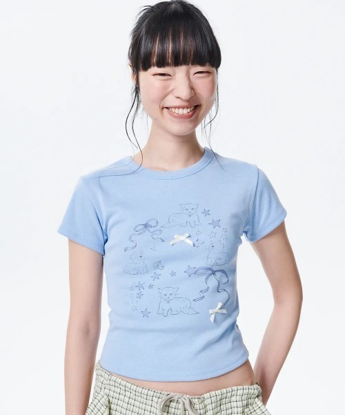 tシャツ A'GEM/9 × .kom「runningHIGH/ランニングハイ」RIBBON CAT T-Shirt/リボンキャット Tシャツ レディ