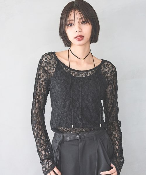 OUR カットレース使いの長め丈カットソー PAGEBOY（ページボーイ） tシャツ カットレースメローロングスリーブ