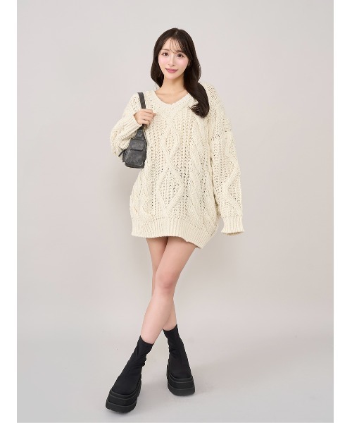 【新品】ダーリッチ ルーズケーブルローゲージニットチュニック サックス F ダーリッチ Darich ルーズケーブルローゲージニットチュニック