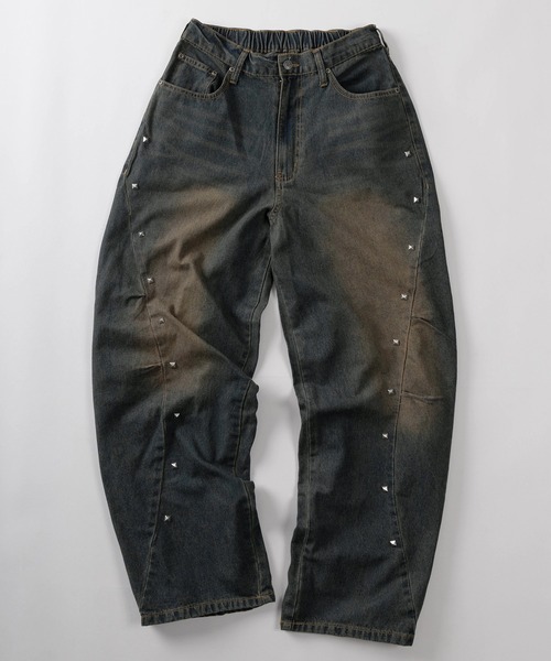 デニム金属パーツ打ち ジーンズ 「82」スタッズ付 ヴィンテージ加工 カーブデニムパンツ