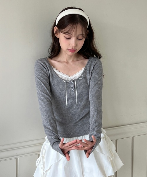 by muni:r tシャツ 「着用動画あり・3色展開」レースリボンストラップ