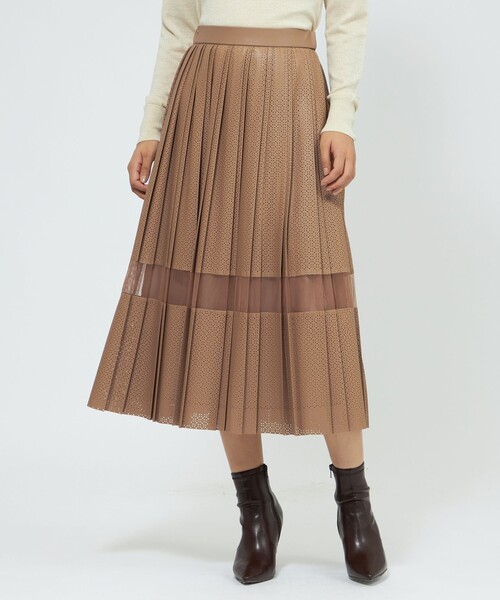 スカート パンチングシンセティックレザー プリーツスカートの画像