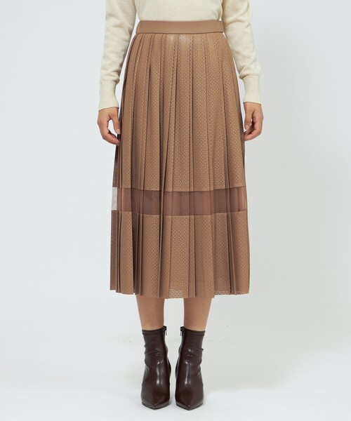 スカート パンチングシンセティックレザー プリーツスカートの画像