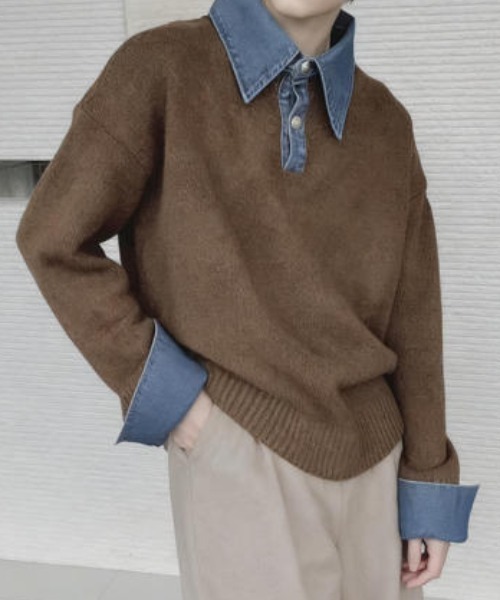 FAVORITO ニット セーター デニム切り替えニットトップス レディース