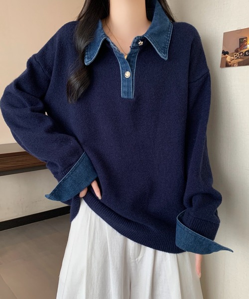 デニム切り替えニット FAVORITO ニット セーター デニム切り替えニットトップス レディース