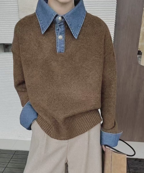 FAVORITO ニット セーター デニム切り替えニットトップス レディース