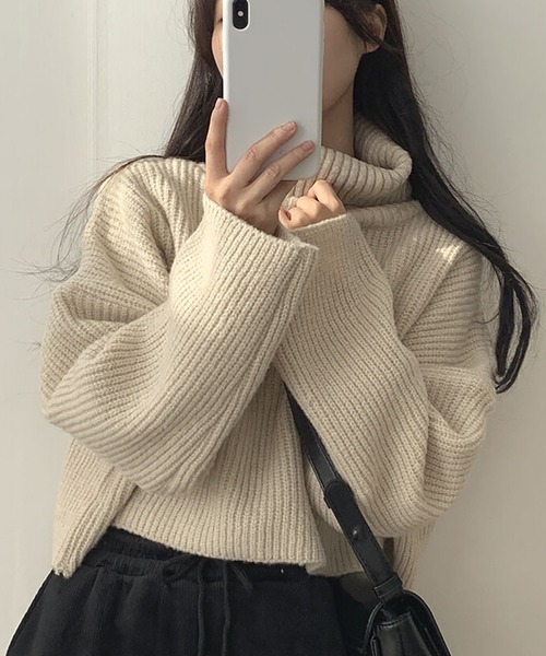 デミリー タートルネックロングスリーブニット セーター ショート丈 XS グレー ニット セーター ショート丈ボリュームスリーブタートルネックニット