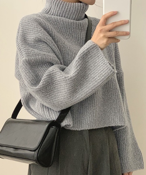 デミリー タートルネックロングスリーブニット セーター ショート丈 XS グレー ニット セーター ショート丈ボリュームスリーブタートルネックニット