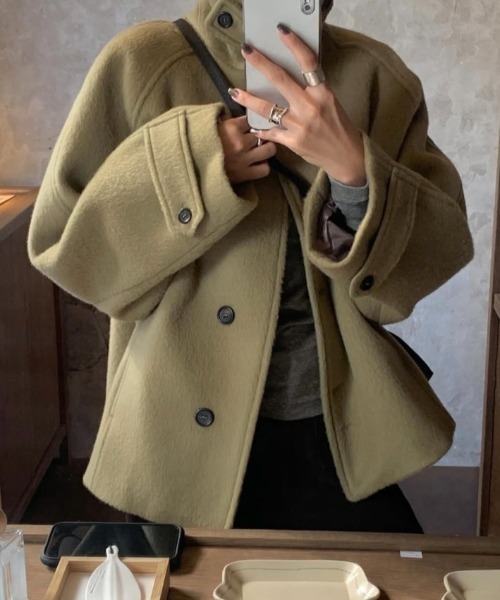 Aelina コート アウター スタンドカラーメルトンショートコート