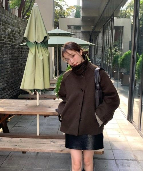 Aelina コート アウター スタンドカラーメルトンショートコート