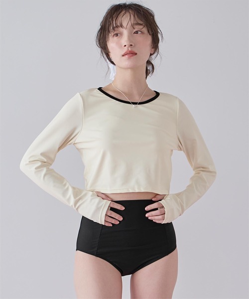 水着 3点セット/パイピング長袖ビキニ×ショートパンツ/水着 レディースの画像