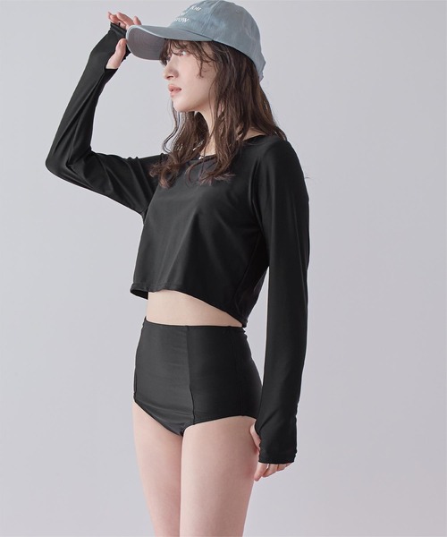 水着 3点セット/パイピング長袖ビキニ×ショートパンツ/水着 レディースの画像
