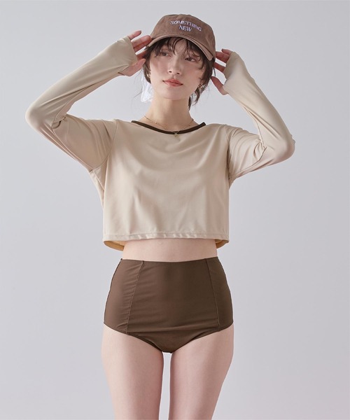水着 3点セット/パイピング長袖ビキニ×ショートパンツ/水着 レディースの画像