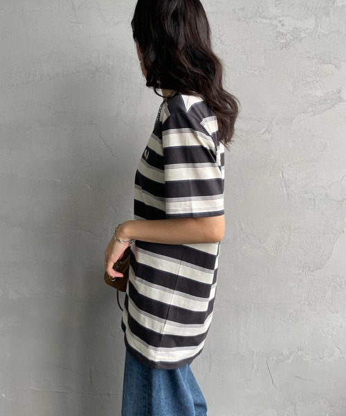 tシャツ 「FRED PERRY/フレッドペリー」 ファインストライプ ワンポイントロゴ刺繍Tシャツ レディース メンズの画像