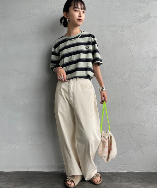 tシャツ 「FRED PERRY/フレッドペリー」 ファインストライプ ワンポイントロゴ刺繍Tシャツ レディース メンズの画像