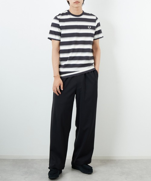 tシャツ 「FRED PERRY/フレッドペリー」 ファインストライプ ワンポイントロゴ刺繍Tシャツ レディース メンズの画像