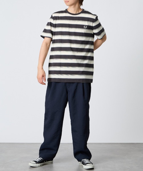 tシャツ 「FRED PERRY/フレッドペリー」 ファインストライプ ワンポイントロゴ刺繍Tシャツ レディース メンズの画像
