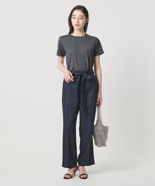 ワイドパンツ スラックス パンツ スラブ リボン テーパードパンツ レディースの画像