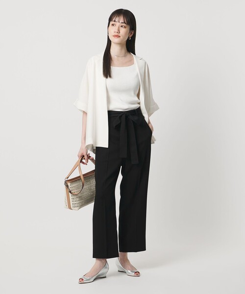 ワイドパンツ スラックス パンツ スラブ リボン テーパードパンツ レディースの画像