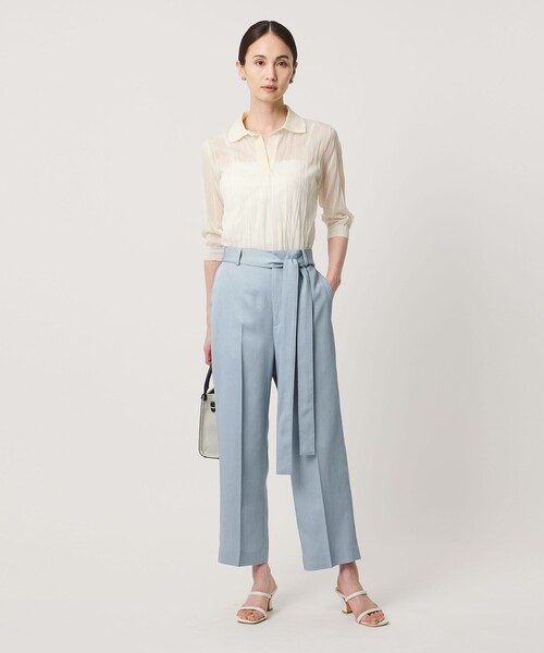 ワイドパンツ スラックス パンツ スラブ リボン テーパードパンツ レディースの画像