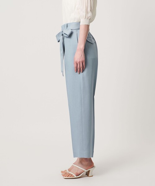 ワイドパンツ スラックス パンツ スラブ リボン テーパードパンツ レディースの画像