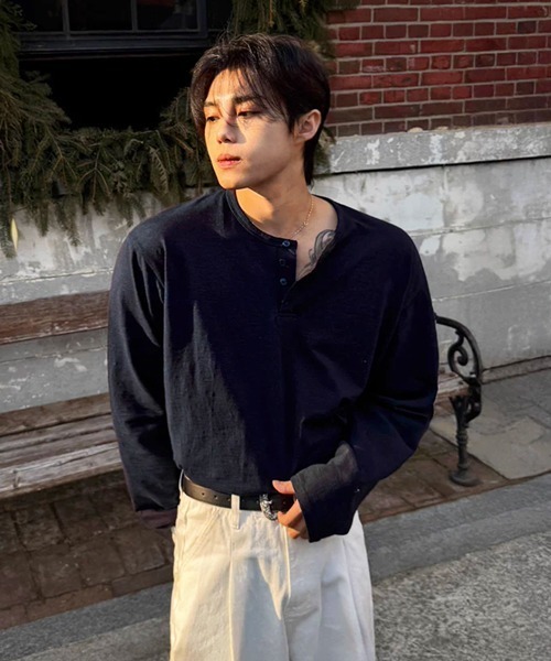 NOWLE（ノウル） tシャツ 「NOWLE」コットン ヘンリーネック ロング