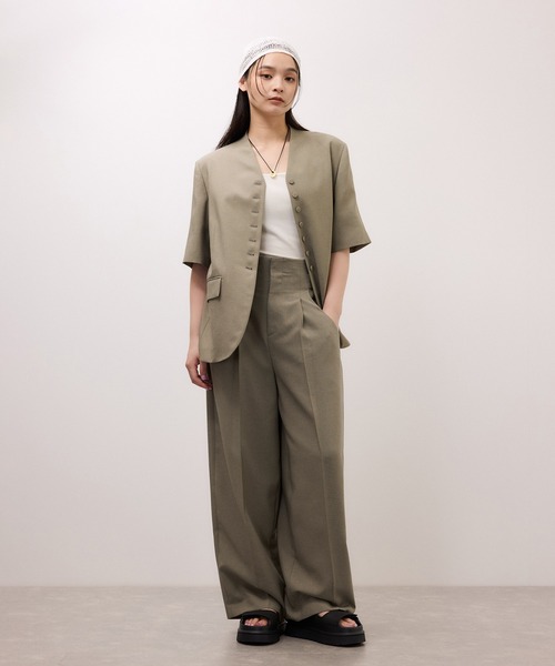 ワイドパンツ スラックス パンツ リネンライクスラックス レディースの画像
