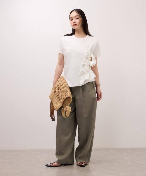 ワイドパンツ スラックス パンツ リネンライクスラックス レディースの画像