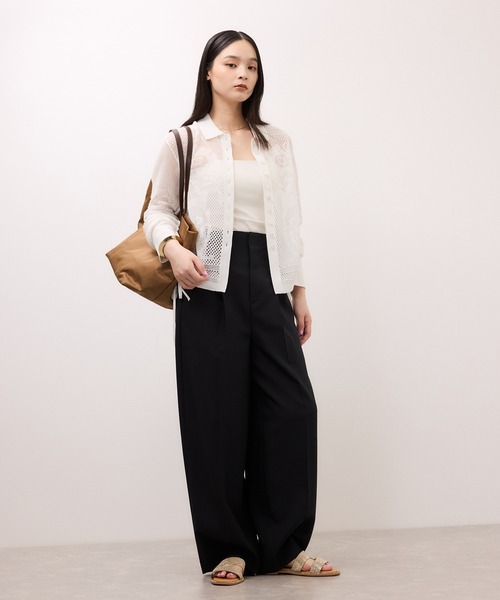ワイドパンツ スラックス パンツ リネンライクスラックス レディースの画像
