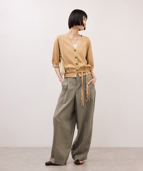 ワイドパンツ スラックス パンツ リネンライクスラックス レディースの画像
