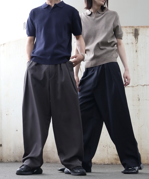 【良シルエット】90s ワイドストライプ スラックス BLACK ワイドパンツ スラックス 「MADE IN KOREA」メタルウエストパーツ