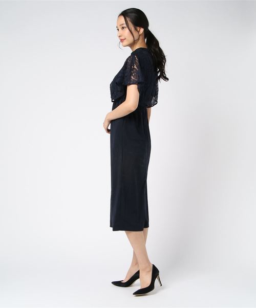 Lace Ladies ドレス 花柄レースIラインハイネックケープ風