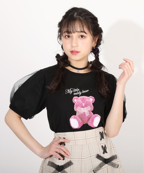 PINKHUNT tシャツ ピンクハント チュールパフスリーブテディベア