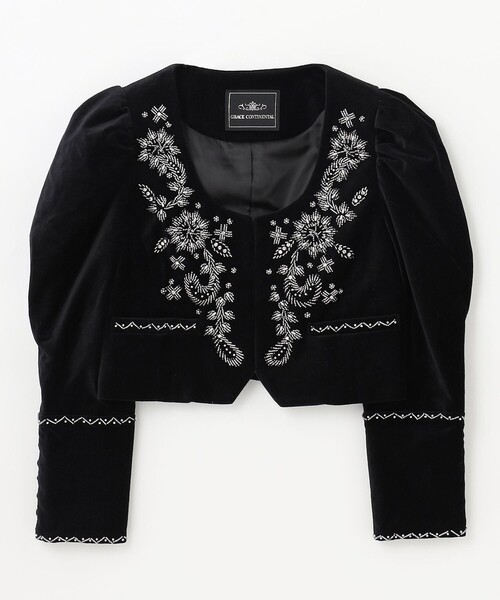 大特価・新品　GRACE CONTINENTAL ブラック刺繍ショートジャケット GRACE CONTINENTAL（グレースコンチネンタル） ジャケット ノーカラー